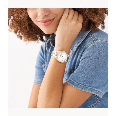 Fossil ES5259 Damen-Uhr Scarlette Analog Quarz mit Edelstahl-Armband Goldfarben