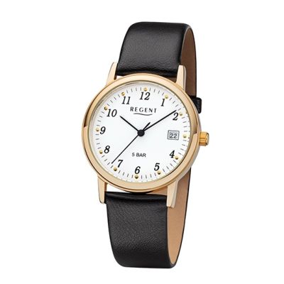 Regent Herren-Uhr Analog Quartz Lederband Schwarz Goldton F-790