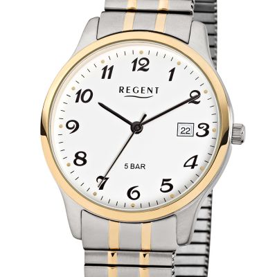 Regent F-877 Herren-Uhr Analog Quarz mit Zug-Armband Silber IP Gold  Ø 36 mm
