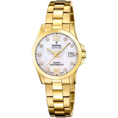 Festina Damen-Uhr Swiss Made Quarz Edelstahl-Armband Gold-Ton F20050/1