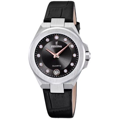 Festina Damen-Uhr Mademoiselle Zirkonia Schwarz Leder-Armband F20701/5