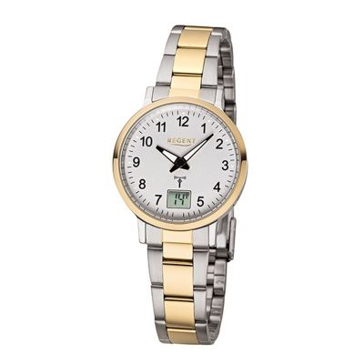Regent Damen-Uhr Funk Analog Quarz Metall-Band Gold Silber-Ton FR-258