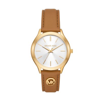 Michael Kors Damen-Uhr Slim Runway Quarz Leder-Band Goldton MK7465 