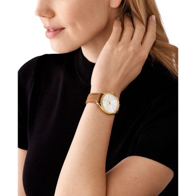Michael Kors Damen-Uhr Slim Runway Quarz Leder-Band Goldton MK7465 