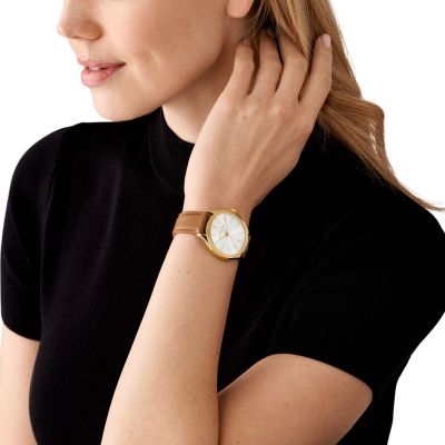 Michael Kors Damen-Uhr Slim Runway Quarz Leder-Band Goldton MK7543